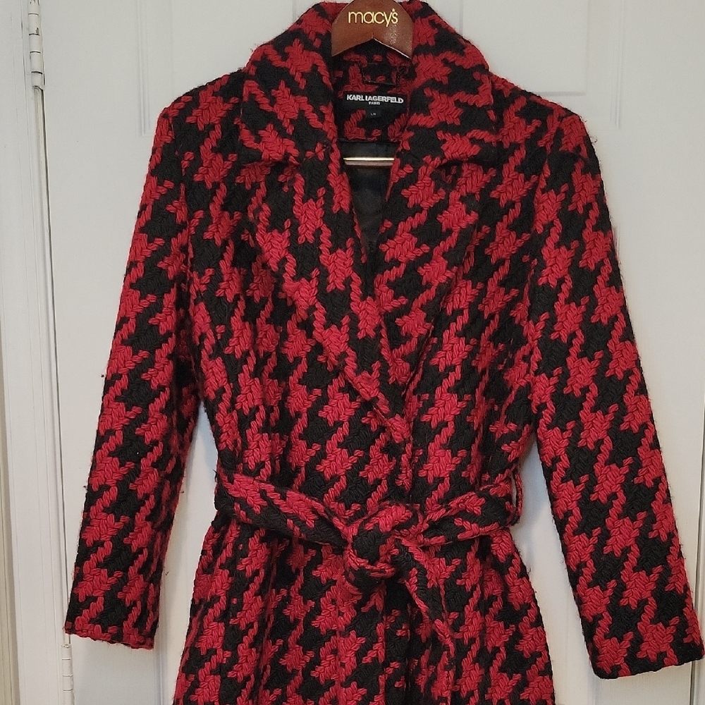 Karl Lagerfeld Red & Black Houndstooth Wool Blend Wrap Coat- LIKE NEW - Picture 4 of 16